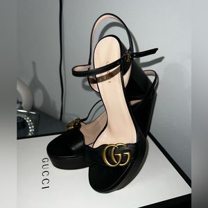 MINT CONDITION GUCCI DOUBLE GG MARMONT PLATFORM HEEL SANDALS BLACK LEATHER SZ 37